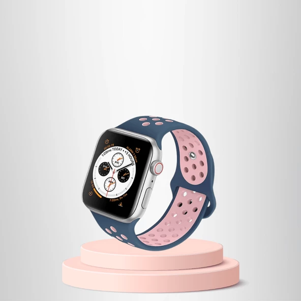 Apple Watch 42 44 45 49 Mm/L  Kordon Kayış Bileklik Delikli LACİVERT-PEMBE