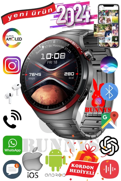 Bunnys Huawei P50 Pocket Uyumlu Akıllı Saat Erkekler İçin Konuşma Özellikli Metal Kordon Hediyeli