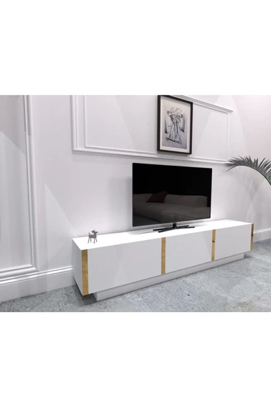 DECOMECH Dolce Tv Sehpası Kapaklı Tv-unitesi 180 Cm Beyaz-gold - Resim 2