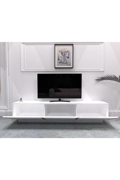 DECOMECH Dolce Tv Sehpası Kapaklı Tv-unitesi 180 Cm Beyaz-gold - Resim 4