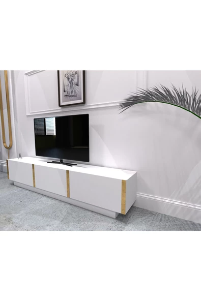 DECOMECH Dolce Tv Sehpası Kapaklı Tv-unitesi 180 Cm Beyaz-gold - Resim 3