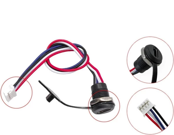 Panel Montajlı USB C Dişi Konnektör - JST-PH-2.0 Konnektör Çıkışı - Siyah - 2