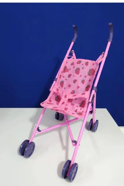 Oyuncak Puset Katlanabilir Bebek Arabası Pembe Baston Çilek Desenli Bebek Puset - 2