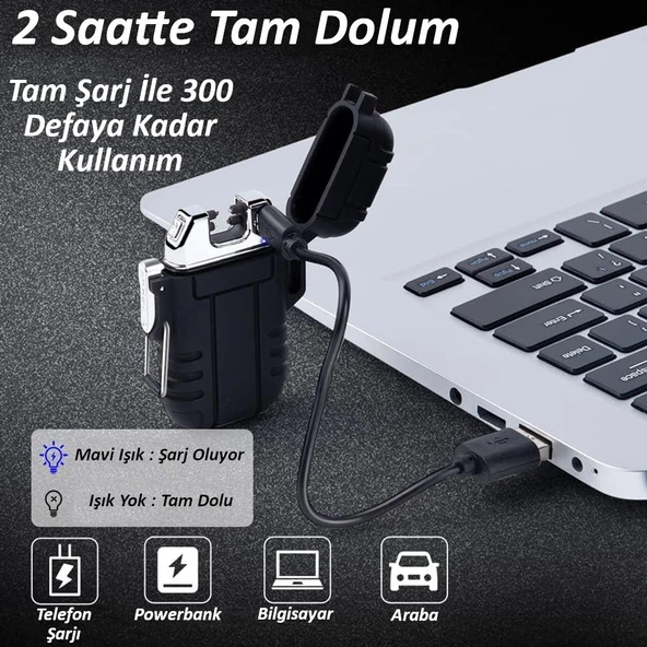 Valkyrie Su Geçirmez Şarjlı USB Çakmak Çift Ark Gazsız Plazma Elektrikli Alevsiz Çakmak Siyah - 8