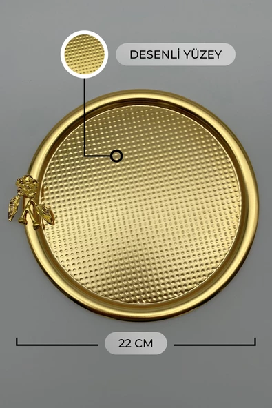 2'li Japon Güllü Yuvarlak Gold Çay ve Kahve Sunum Tepsisi, Dekoratif Servis Tepsisi 22cm - 4