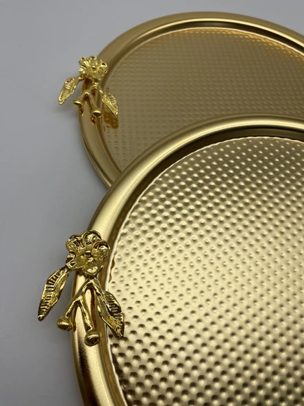 2'li Japon Güllü Yuvarlak Gold Çay ve Kahve Sunum Tepsisi, Dekoratif Servis Tepsisi 22cm - 2