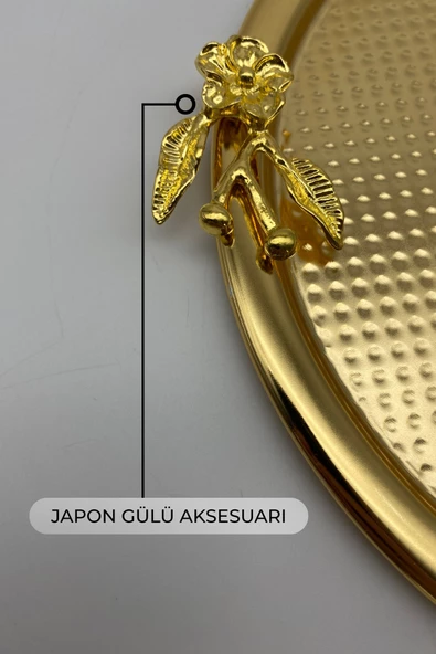 2'li Japon Güllü Yuvarlak Gold Çay ve Kahve Sunum Tepsisi, Dekoratif Servis Tepsisi 22cm - 5