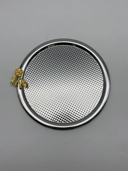 2'li Japon Güllü Yuvarlak Gümüş Çay ve Kahve Sunum Tepsisi, Dekoratif Servis Tepsisi 22cm - 3