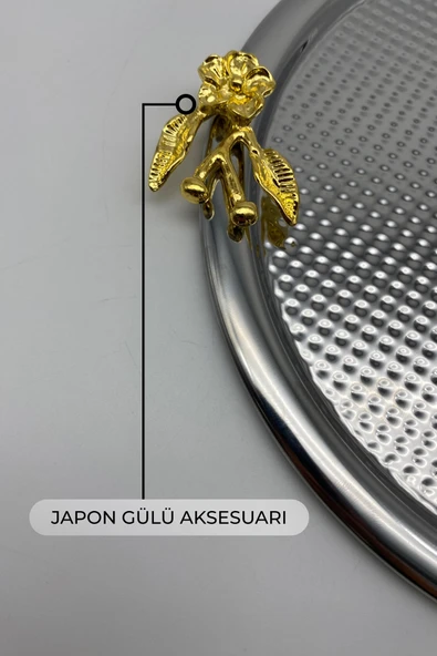 2'li Japon Güllü Yuvarlak Gümüş Çay ve Kahve Sunum Tepsisi, Dekoratif Servis Tepsisi 22cm - 5