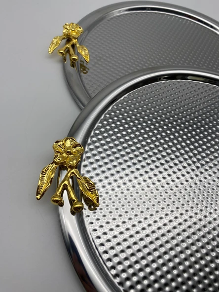 2'li Japon Güllü Yuvarlak Gümüş Çay ve Kahve Sunum Tepsisi, Dekoratif Servis Tepsisi 22cm - 2