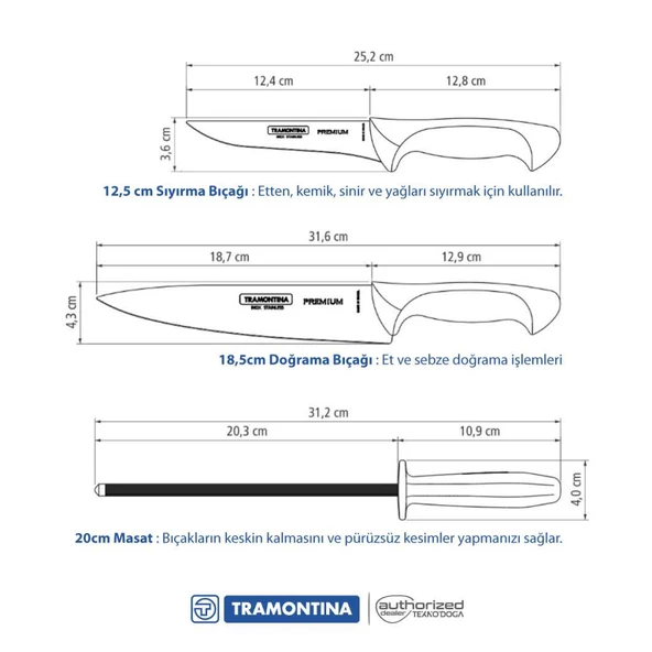 Tramontina 3'lü Bıçak Seti Doğrama Sıyırma Masat 24499/812 - 3