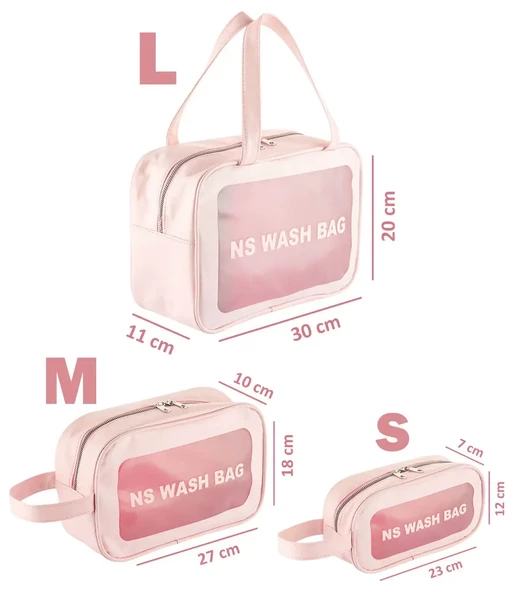 Şeffaf Seyahat Makyaj Organizeri Kozmetik Çantası 3'lü Set - Açık Pembe - 8