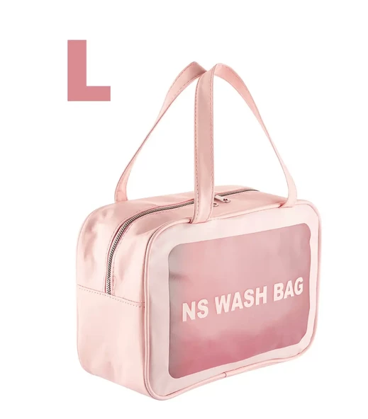 Şeffaf Seyahat Makyaj Organizeri Kozmetik Çantası 3'lü Set - Açık Pembe - 6