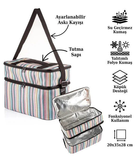 Kamp Piknik Termal Soğutucu Yalıtımlı Buzluk Termos Çanta - 960 Çizgi Desenli - 5