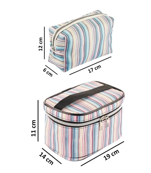 Seyahat Makyaj Organizeri Çok Fonksiyonlu Kozmetik Çantası Kumaş - 2'li Set Çizgi Desenli - 7