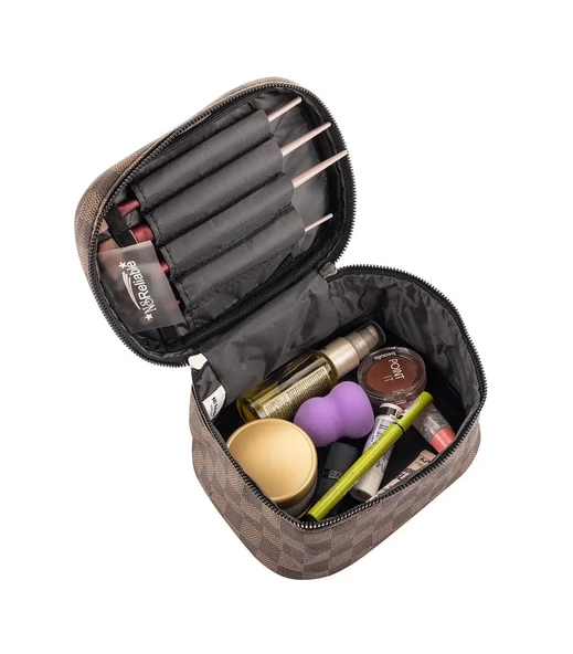 Seyahat Makyaj Organizeri Çok Fonksiyonlu Kozmetik Çantası Suni Deri - 2'li Set Kahverengi Damalı - 4