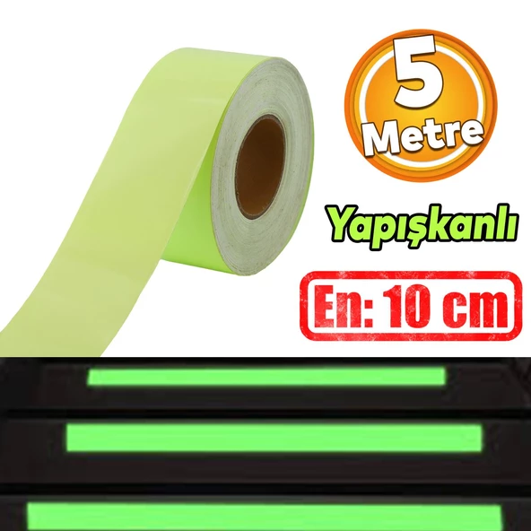 Fotolümen Gece Parlayan En 10 cm Reflektörlü 5 Mt İkaz Yeşil Fosforlu Reflektif Düz Şerit Bant