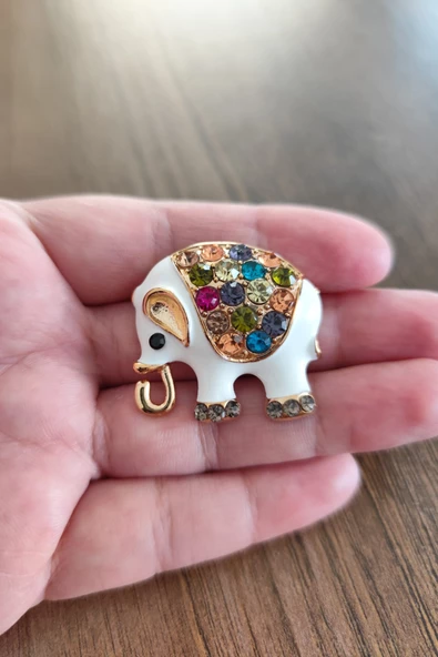 Renkli Taşlarla Süslenmiş Zarif Fil Broş - Resim 5
