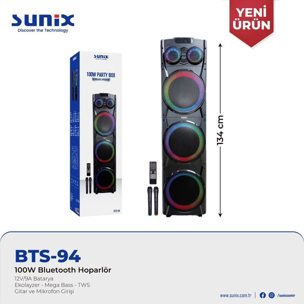 Sunix 100W Çift Mikrofonlu ve Kumandalı Parti Boy Bluetooth Hoparlör BTS-94