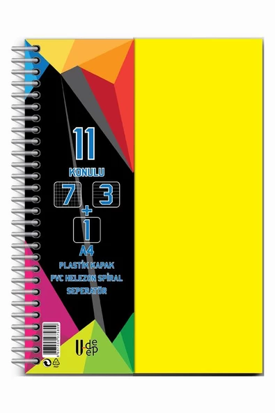 7+3+1 Ayraçlı Defter 11 Konulu 225 Yaprak 1 Adet 7 Kareli 3 Çizgili 1 Çizgisiz Spralli Plastik Kapak Seperatörlü - 7