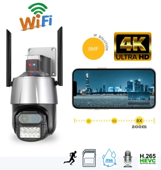 qasul 8mp Hd Ip Kamera 2 Lens Güvenlik Koruması Wifi Gözetim Kameraları 8x Zoom Ptz Kablosuz