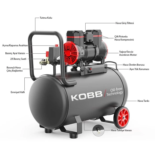 KOBB KBK50S 2.0HP 50Lt 8Bar Yağsız Sessiz Taşınabilir Hava Kompresörü - 4