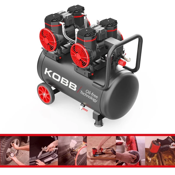 KOBB KBK50S2 4.0HP 50Lt 8Bar Çift Motorlu Yağsız Sessiz Taşınabilir Hava Kompresörü - 5