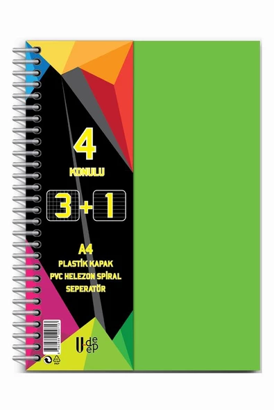 3+1 Ayraçlı Defter 4 Konulu 100 Yaprak 1 Adet 3 Kareli 1 Çizgili Spralli Plastik Kapak Seperatörlü - 9