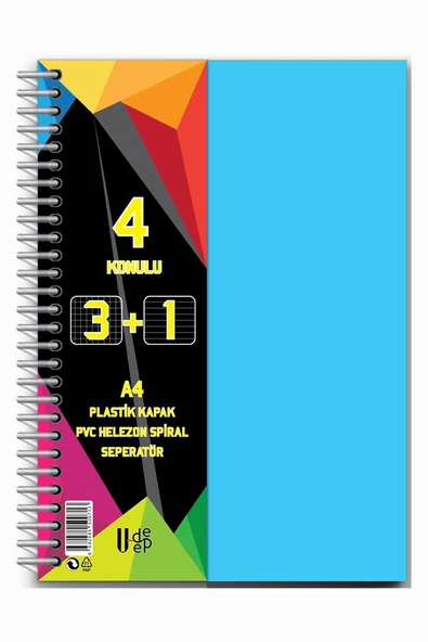3+1 Ayraçlı Defter 4 Konulu 100 Yaprak 1 Adet 3 Kareli 1 Çizgili Spralli Plastik Kapak Seperatörlü - 4