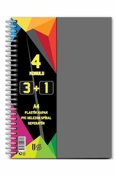 3+1 Ayraçlı Defter 4 Konulu 100 Yaprak 1 Adet 3 Kareli 1 Çizgili Spralli Plastik Kapak Seperatörlü
