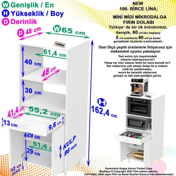 MODİLAYN BİRCE LİNA L-65 x 162,4 x 48 cm Çekmeceli Kapaklı Ankastre Fırın Ve Mutfak Dolabı - 5