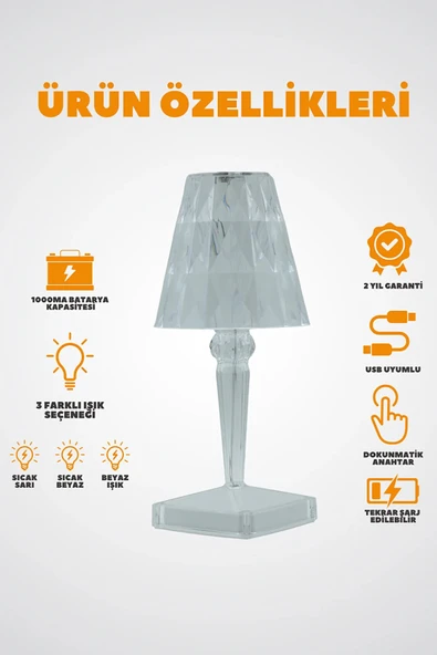 K2 GLOBAL KML104 Kristal - Şarjlı ve Dimli Dokunmatik LED Masa Lambası - 3 Işık Renkli