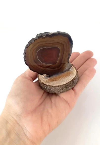 Doğal Taş Plaka Akik Kahverengi Ahşap Standlı Dekoratif Obje Biblo Traverten 16965