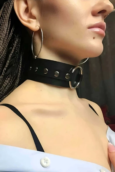 pilelistore Halka Detaylı Ayarlı Geniş Şerit Şık Deri Choker Boyun Aksesuar - Brf671