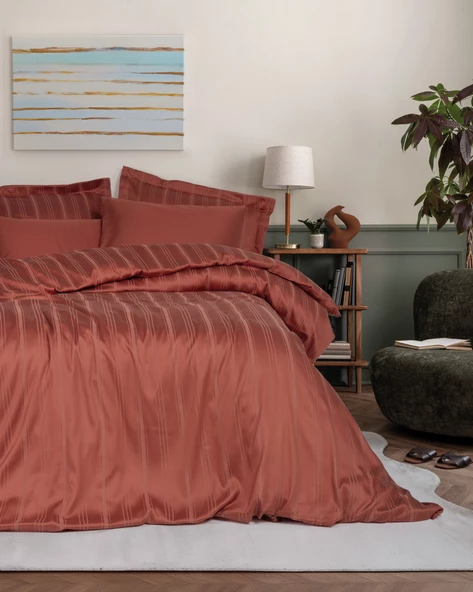 Cotton Box Smart Bambu Saten Çift Kişilik Nevresim Takımı Stripe Kiremit ürün görseli 1