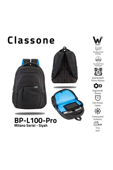 Classone    Milano Bp-l100-pro Su Gerçirmez Kumaş Ve Fermuar Notebook ,laptop, Sırt Çantası -siyah