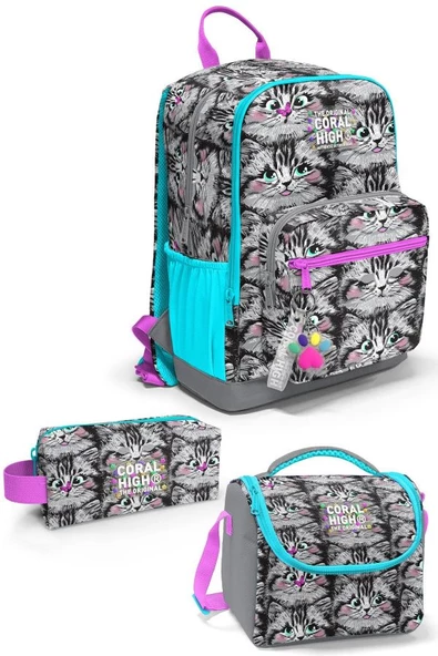 Coral High Gri Kedi 3'lü Okul Çanta Seti SET0123638 ürün görseli