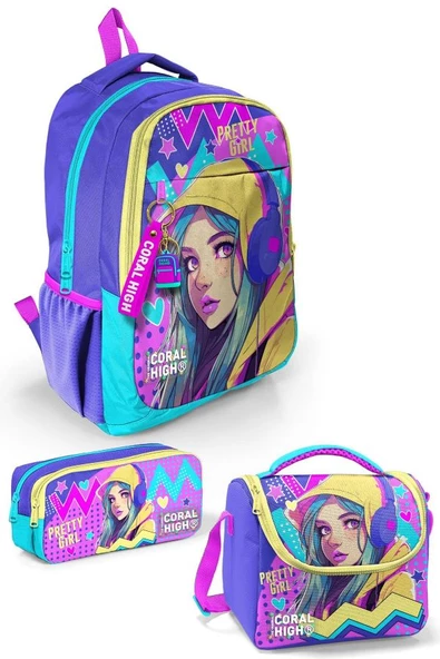 Coral High Kids Lavanta Turkuaz Kulaklı Kız Desenli 3’lü Okul Çanta Seti SET0123661