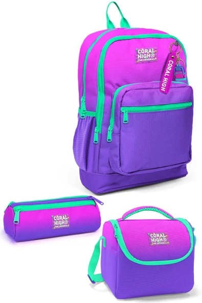 Coral High Kids Pembe Mor Renk Geçişli 3'lü Okul Çanta Seti SET0123762 ürün görseli