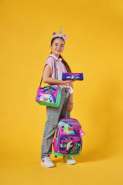 Coral High Kids Pembe Su Yeşili Unicorn Desenli 3'lü Okul Çanta Seti SET0123758 - Resim 2