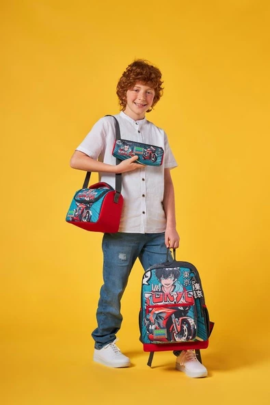 Coral High Kids Gri Nefti Anime Motorsiklet Desenli 3'lü Okul Çanta Seti SET0123764 - Resim 2