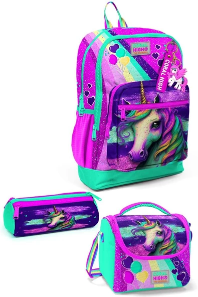 Coral High Kids Pembe Su Yeşili Unicorn Desenli 3’lü Okul Çanta Seti SET0123758
