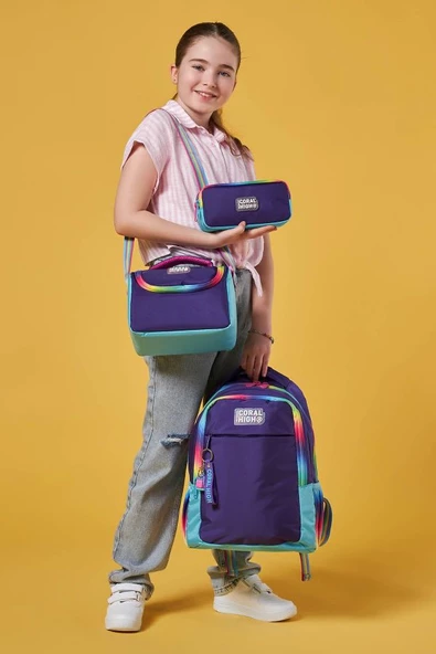 Coral High Kids Rainbow Fermuarlı Mor 3'lü Okul Çanta Seti SET0123662 - 2