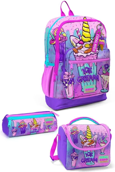 Coral High Kids Pembe Mor Milkshake Dondurma Desenli 3'lü Okul Çanta Seti SET0123749