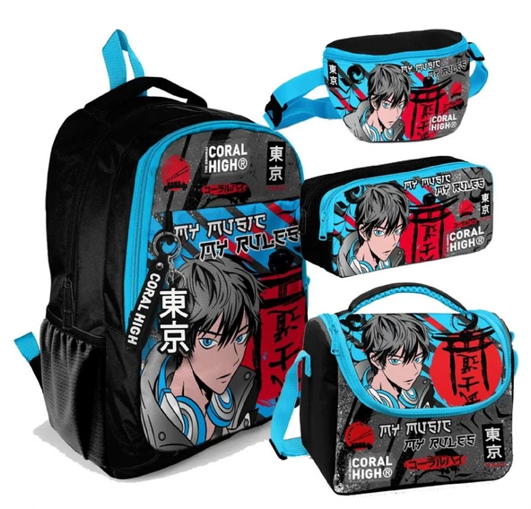 Coral High Siyah Mavi Anime Desenli Erkek Çocuk Dörtlü Okul Çanta Seti - İlkokul ve Ortaokul İçin Uygun ürün görseli