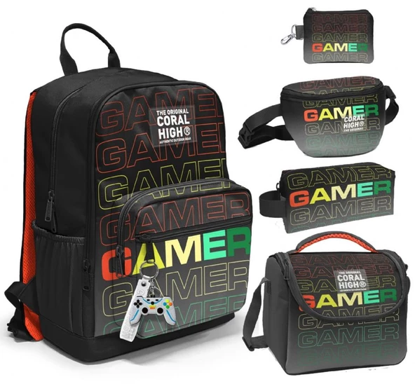 Coral High Beşli İlkokul/Ortaokul Çanta Seti - Siyah Gri Gamer - Erkek Çocuk
