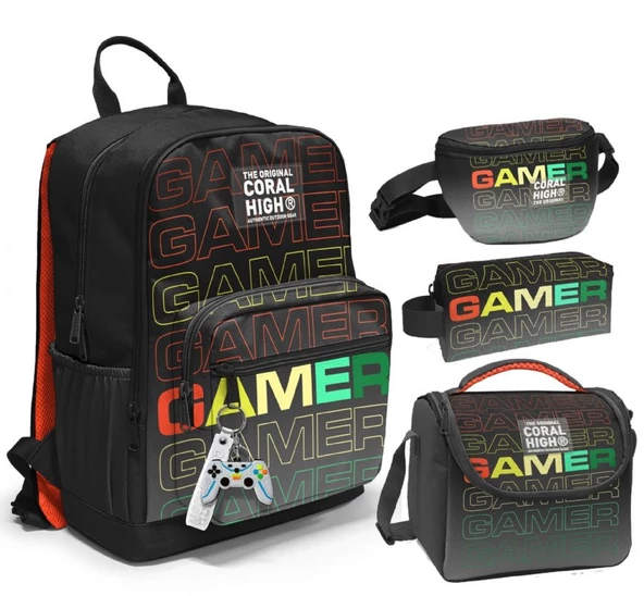 Coral High İlkokul/Ortaokul Çanta Seti ve Bel Çantası- Siyah Gri Gamer - Erkek Çocuk