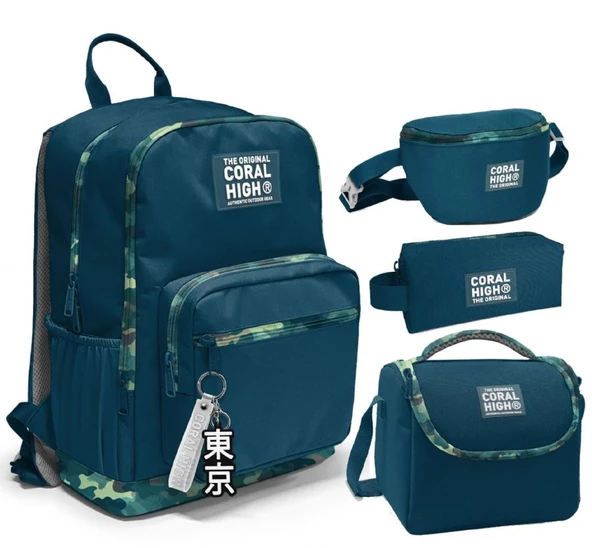 Coral High İlkokul/Ortaokul Çanta Seti ve Bel Çantası- Nefti Kamuflaj - Erkek Çocuk