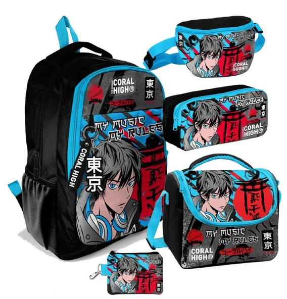 Coral High Siyah Mavi Anime Desenli Erkek Çocuk Beşli Okul Çanta Seti - İlkokul ve Ortaokul İçin Uygun ürün görseli
