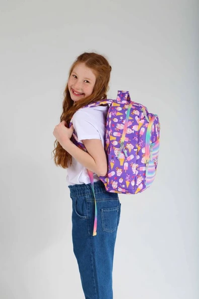 Kaukko Simli Nakışlı Dondurma Mor Okul Sırt Çantası ve Kalemlik Seti - Kız Çocuk - Resim 2